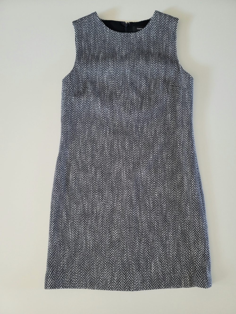Theory Black and White Chevron Tweed Shift Dress Linen Cotton Wool Blend 6